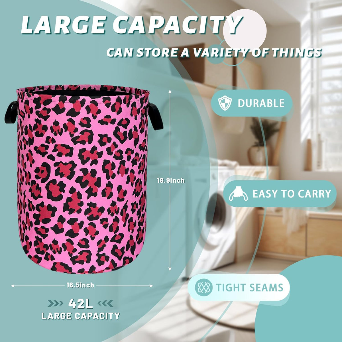 Pink Leopard Print Laundry Hamper Oxford Cloth Basket 18.9"x16.5"