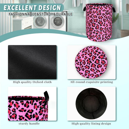 Pink Leopard Print Laundry Hamper Oxford Cloth Basket 18.9"x16.5"