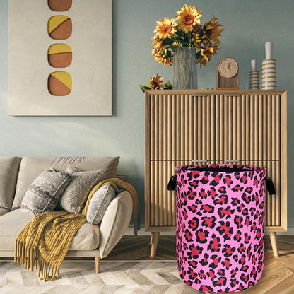 Pink Leopard Print Laundry Hamper Oxford Cloth Basket 18.9"x16.5"