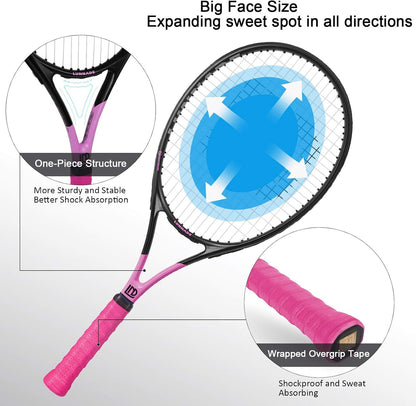 Adults Tennis Racket 27 Inch, Shockproof Carbon Fiber Tennis Racquet Light-Weight, Pre-Strung and Regrip, Suitable for Beginners to Intermediate Players