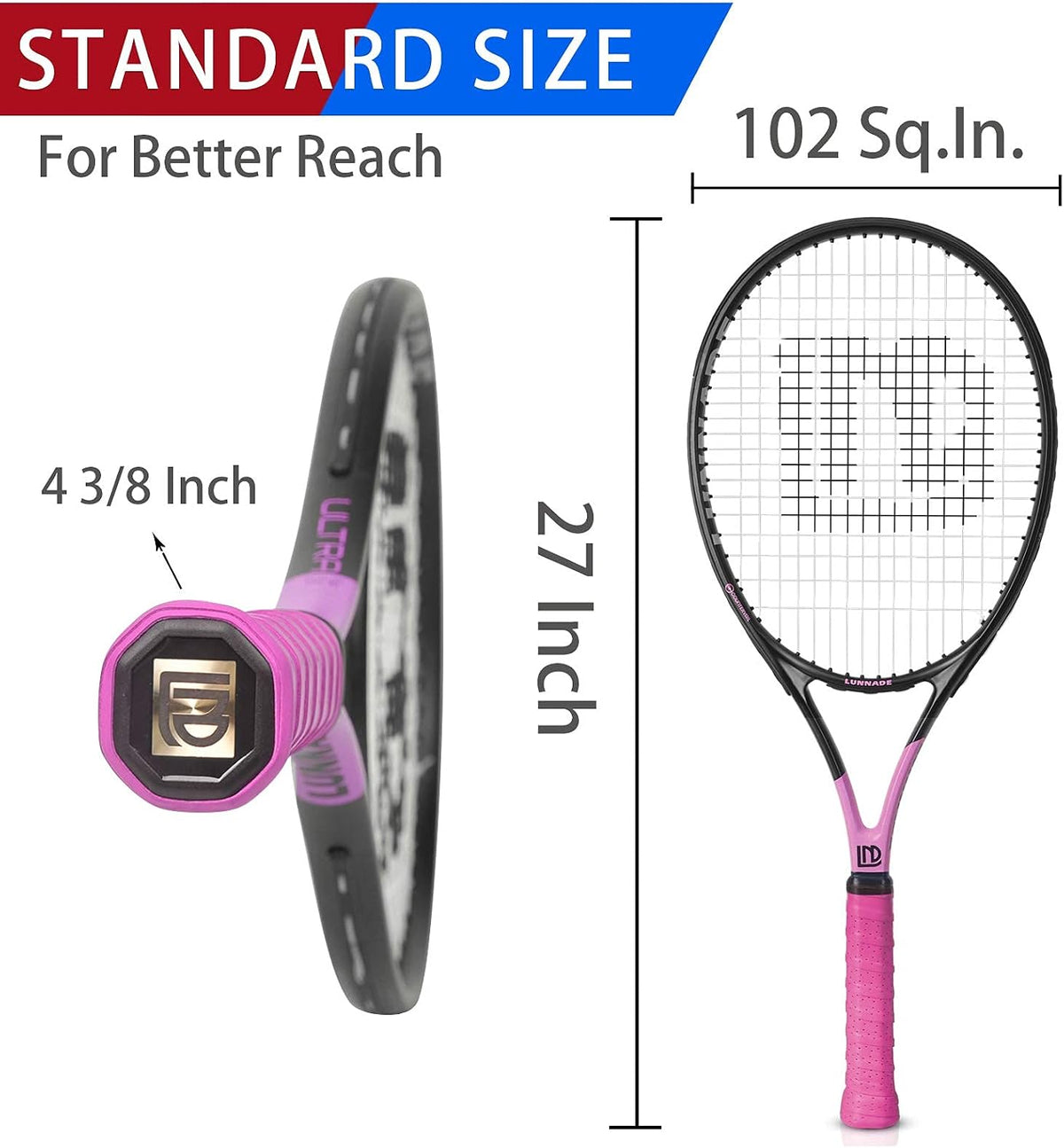 Adults Tennis Racket 27 Inch, Shockproof Carbon Fiber Tennis Racquet Light-Weight, Pre-Strung and Regrip, Suitable for Beginners to Intermediate Players