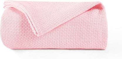 100% Cotton Bed Blanket, Breathable Thermal Blanket Full - Queen Size, Soft Honeycomb Waffle Blanket 90"x90", Cotton Bed Blanket, Perfect for Layering Any Bed for All Season, Pink