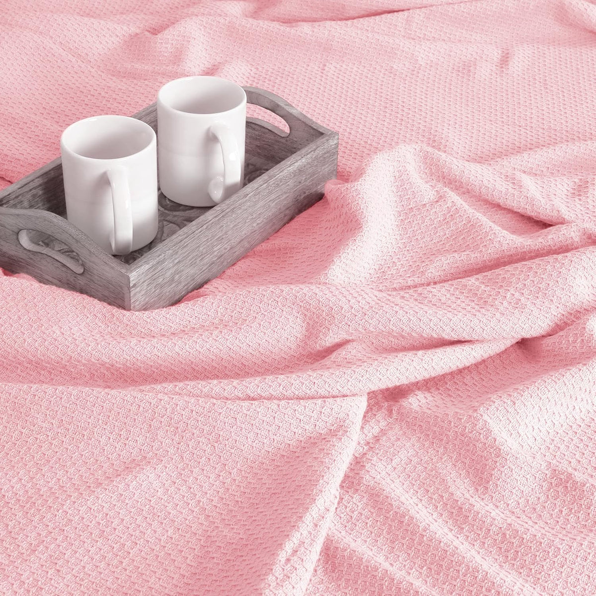 100% Cotton Bed Blanket, Breathable Thermal Blanket Full - Queen Size, Soft Honeycomb Waffle Blanket 90"x90", Cotton Bed Blanket, Perfect for Layering Any Bed for All Season, Pink
