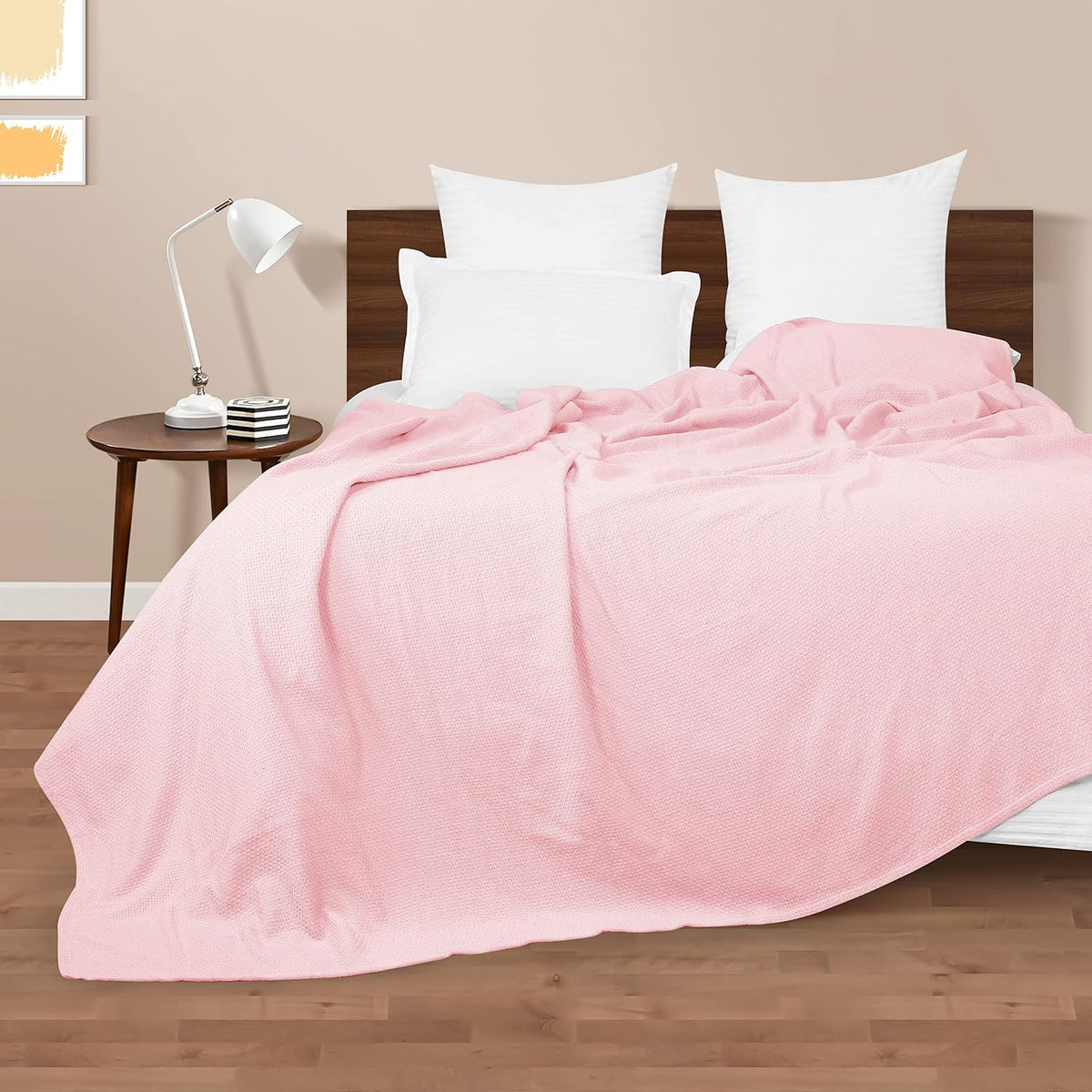 100% Cotton Bed Blanket, Breathable Thermal Blanket Full - Queen Size, Soft Honeycomb Waffle Blanket 90"x90", Cotton Bed Blanket, Perfect for Layering Any Bed for All Season, Pink