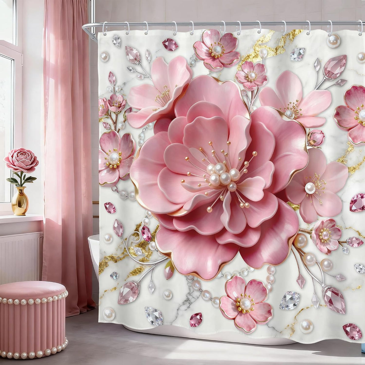 Pink 3D Floral Abstract Shower Curtain Modern Spring Flower 72Wx72L Inch