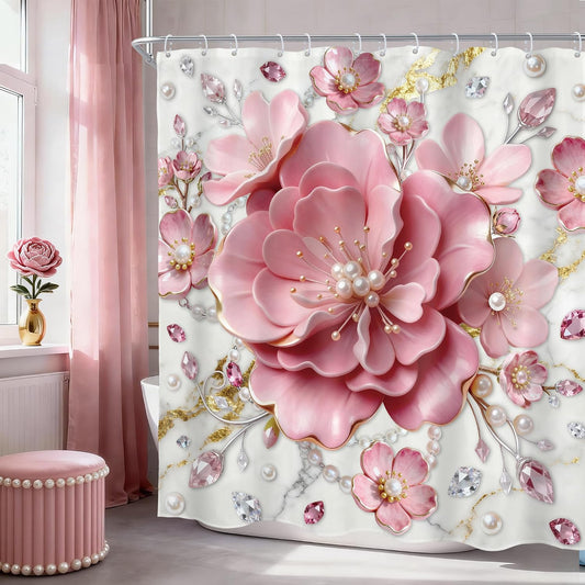 Pink 3D Floral Abstract Shower Curtain Modern Spring Flower 72Wx72L Inch