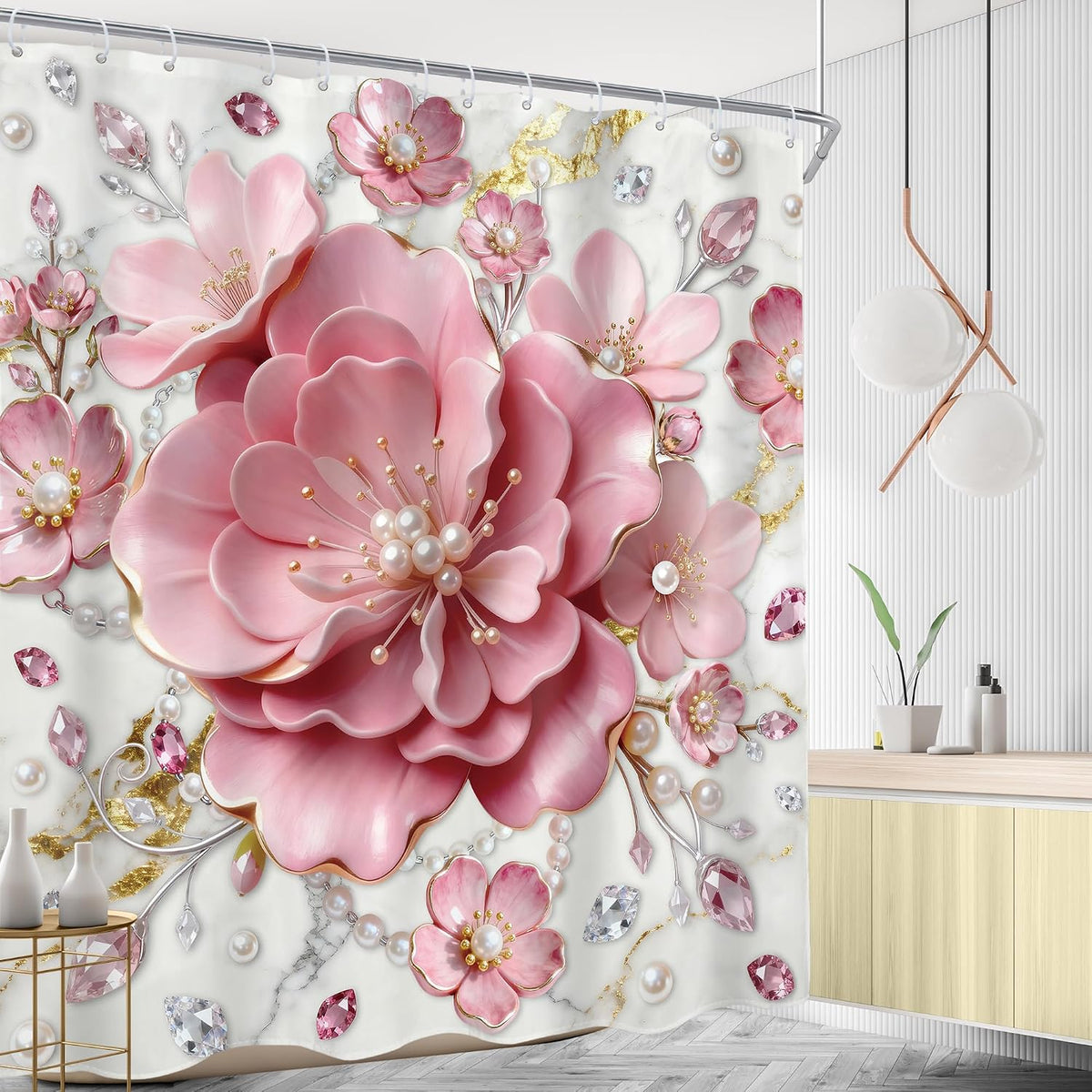 Pink 3D Floral Abstract Shower Curtain Modern Spring Flower 72Wx72L Inch