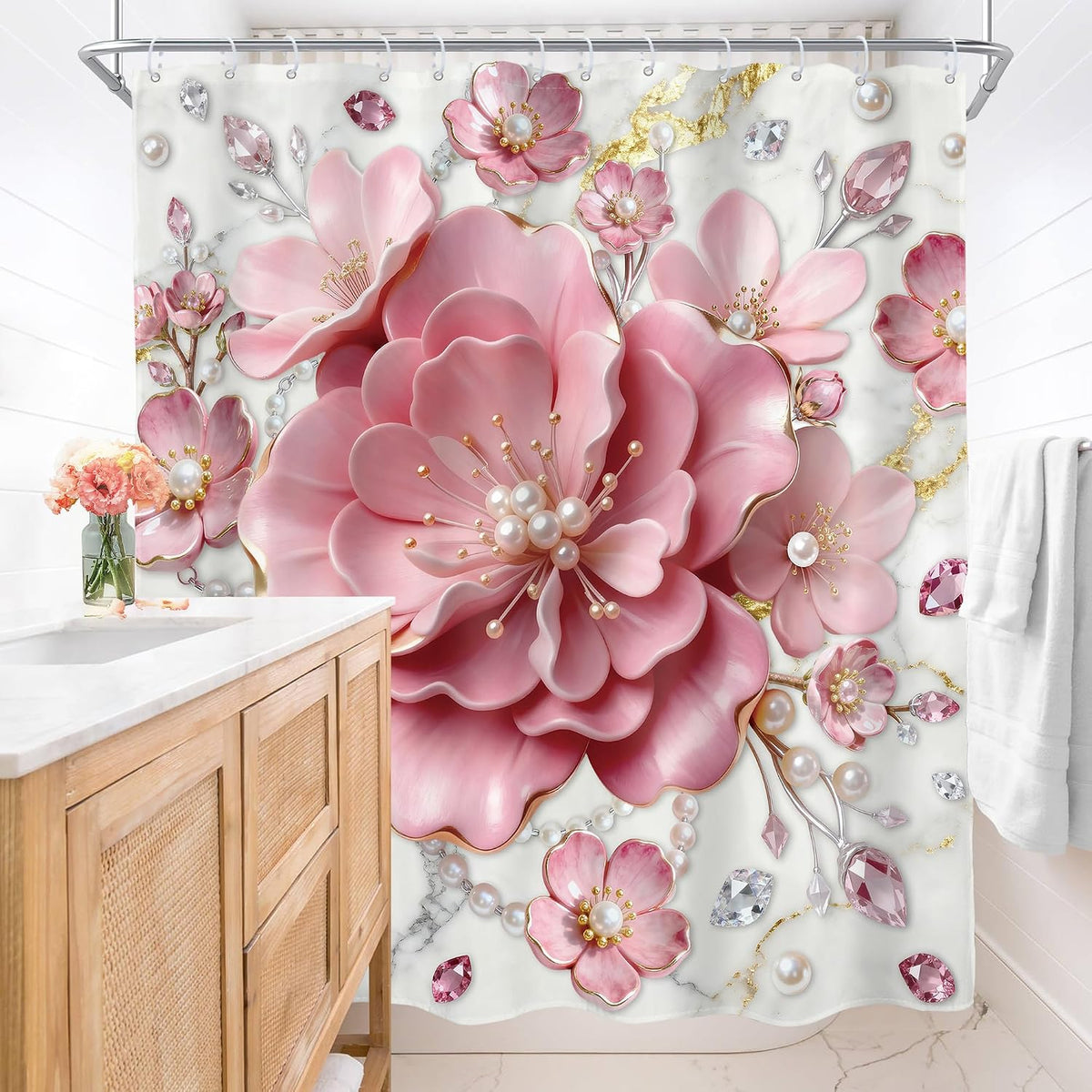 Pink 3D Floral Abstract Shower Curtain Modern Spring Flower 72Wx72L Inch