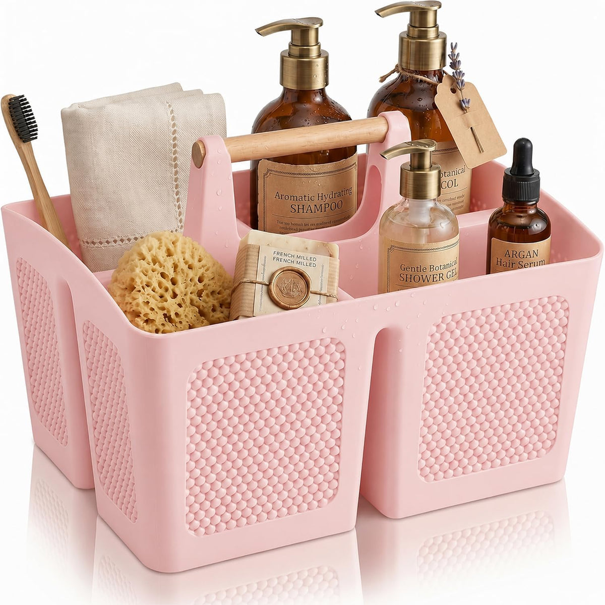 Portable Shower Caddy Basket with Handle, 3-Compartment Plastic Bathroom Organizer, Dorm Shower Basket for College Students, Quick Drain Storage Tote for Toiletries, Camping, Gym, RV