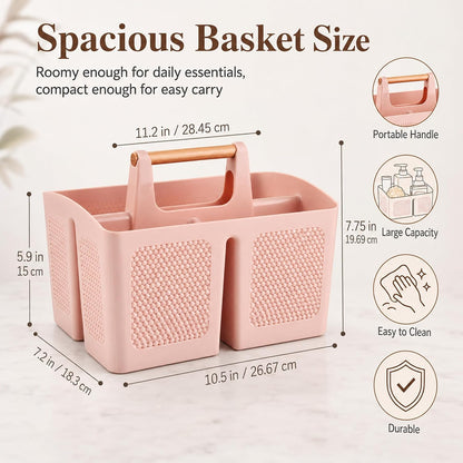 Portable Shower Caddy Basket with Handle, 3-Compartment Plastic Bathroom Organizer, Dorm Shower Basket for College Students, Quick Drain Storage Tote for Toiletries, Camping, Gym, RV
