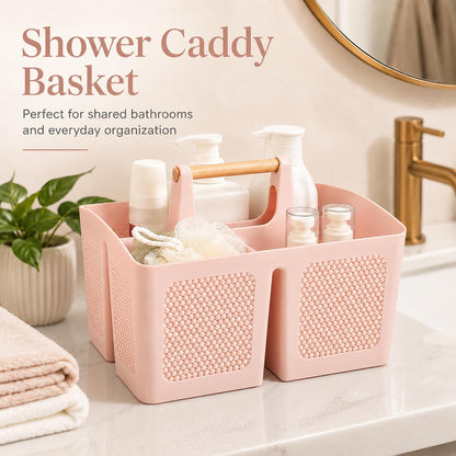 Portable Shower Caddy Basket with Handle, 3-Compartment Plastic Bathroom Organizer, Dorm Shower Basket for College Students, Quick Drain Storage Tote for Toiletries, Camping, Gym, RV
