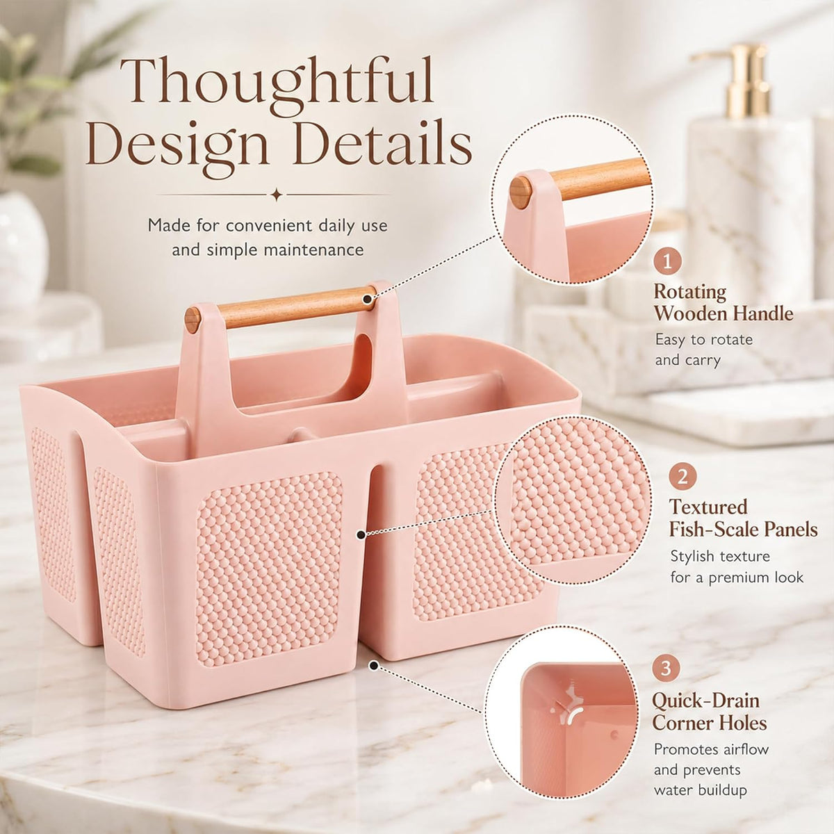 Portable Shower Caddy Basket with Handle, 3-Compartment Plastic Bathroom Organizer, Dorm Shower Basket for College Students, Quick Drain Storage Tote for Toiletries, Camping, Gym, RV