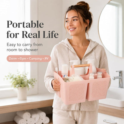 Portable Shower Caddy Basket with Handle, 3-Compartment Plastic Bathroom Organizer, Dorm Shower Basket for College Students, Quick Drain Storage Tote for Toiletries, Camping, Gym, RV