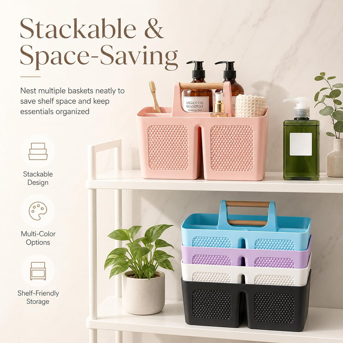 Portable Shower Caddy Basket with Handle, 3-Compartment Plastic Bathroom Organizer, Dorm Shower Basket for College Students, Quick Drain Storage Tote for Toiletries, Camping, Gym, RV