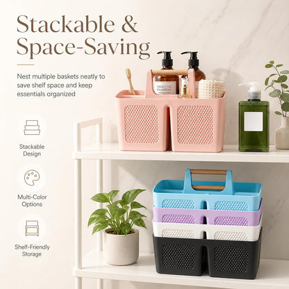 Portable Shower Caddy Basket with Handle, 3-Compartment Plastic Bathroom Organizer, Dorm Shower Basket for College Students, Quick Drain Storage Tote for Toiletries, Camping, Gym, RV