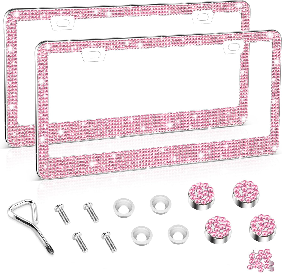 Bling License Plate Frame for Women, 2Pack Rhinestone Handcrafted Crystal Premium Stainless Steel, Stainless Steel Car Accessories with Diamond Sparkle Glitter Caps (Pink)