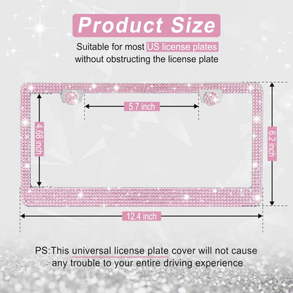 Bling License Plate Frame for Women, 2Pack Rhinestone Handcrafted Crystal Premium Stainless Steel, Stainless Steel Car Accessories with Diamond Sparkle Glitter Caps (Pink)
