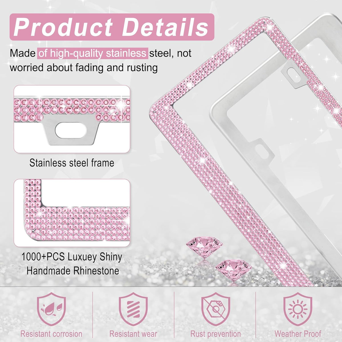 Bling License Plate Frame for Women, 2Pack Rhinestone Handcrafted Crystal Premium Stainless Steel, Stainless Steel Car Accessories with Diamond Sparkle Glitter Caps (Pink)
