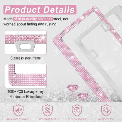 Bling License Plate Frame for Women, 2Pack Rhinestone Handcrafted Crystal Premium Stainless Steel, Stainless Steel Car Accessories with Diamond Sparkle Glitter Caps (Pink)