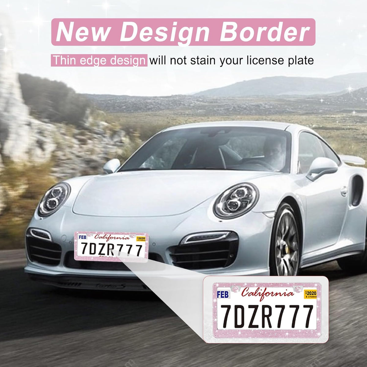 Bling License Plate Frame for Women, 2Pack Rhinestone Handcrafted Crystal Premium Stainless Steel, Stainless Steel Car Accessories with Diamond Sparkle Glitter Caps (Pink)