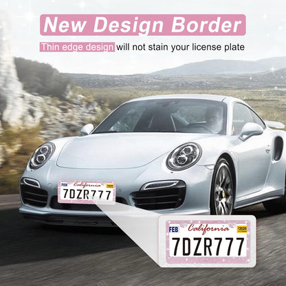 Bling License Plate Frame for Women, 2Pack Rhinestone Handcrafted Crystal Premium Stainless Steel, Stainless Steel Car Accessories with Diamond Sparkle Glitter Caps (Pink)