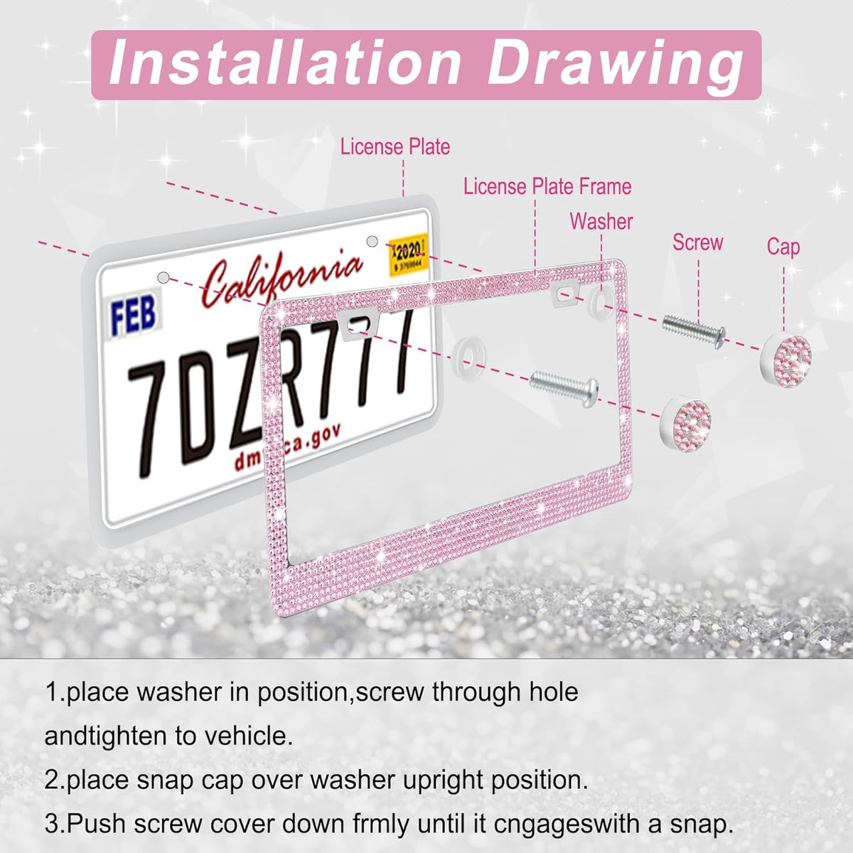 Bling License Plate Frame for Women, 2Pack Rhinestone Handcrafted Crystal Premium Stainless Steel, Stainless Steel Car Accessories with Diamond Sparkle Glitter Caps (Pink)