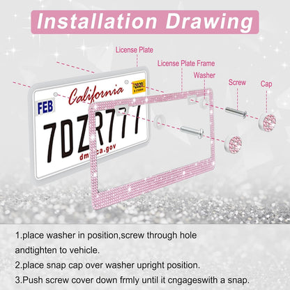 Bling License Plate Frame for Women, 2Pack Rhinestone Handcrafted Crystal Premium Stainless Steel, Stainless Steel Car Accessories with Diamond Sparkle Glitter Caps (Pink)