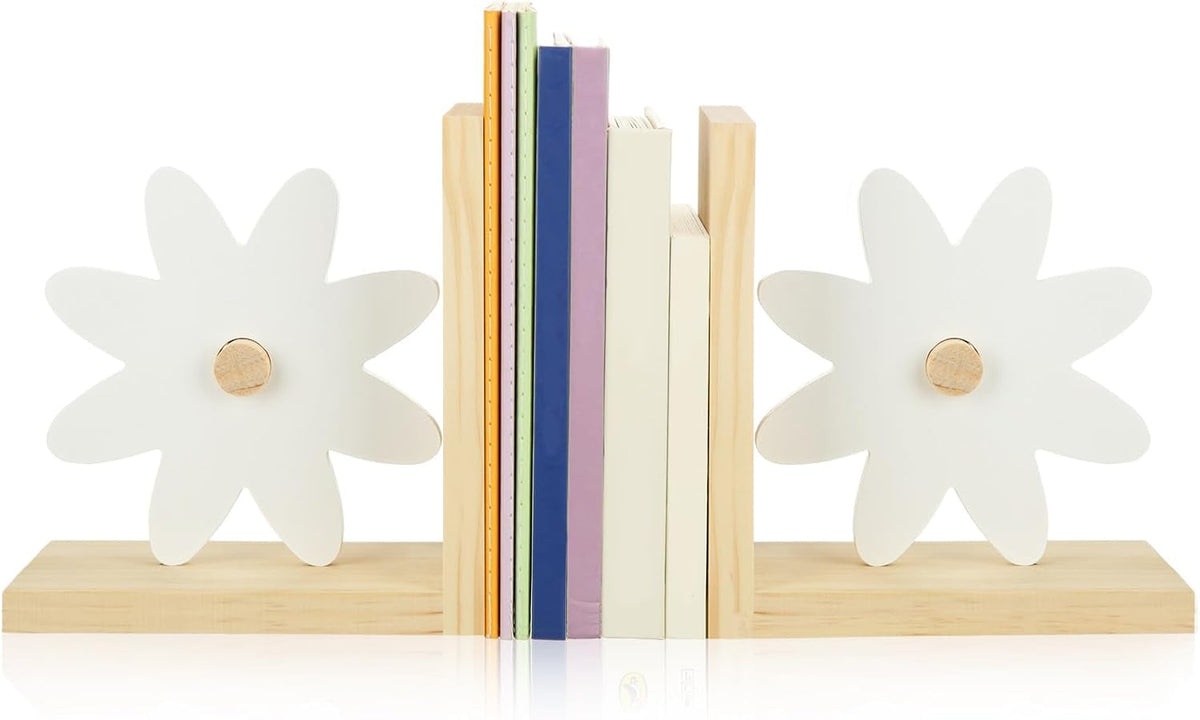 Harloon 2 Pcs Daisy Wooden Bookends Pink Rainbow Moon and Cloud Nursery Bedroom Decor for Home (Daisy)