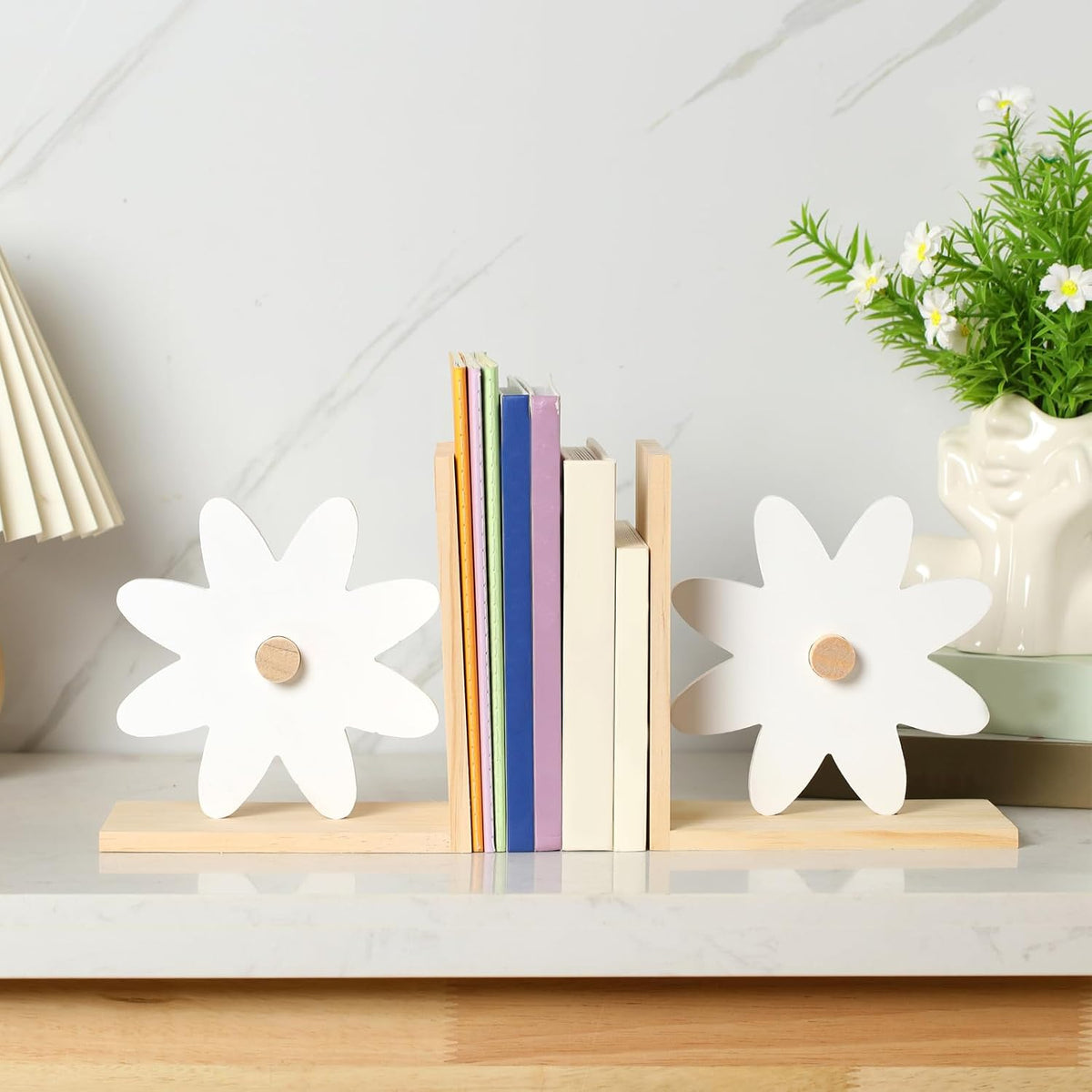 Harloon 2 Pcs Daisy Wooden Bookends Pink Rainbow Moon and Cloud Nursery Bedroom Decor for Home (Daisy)
