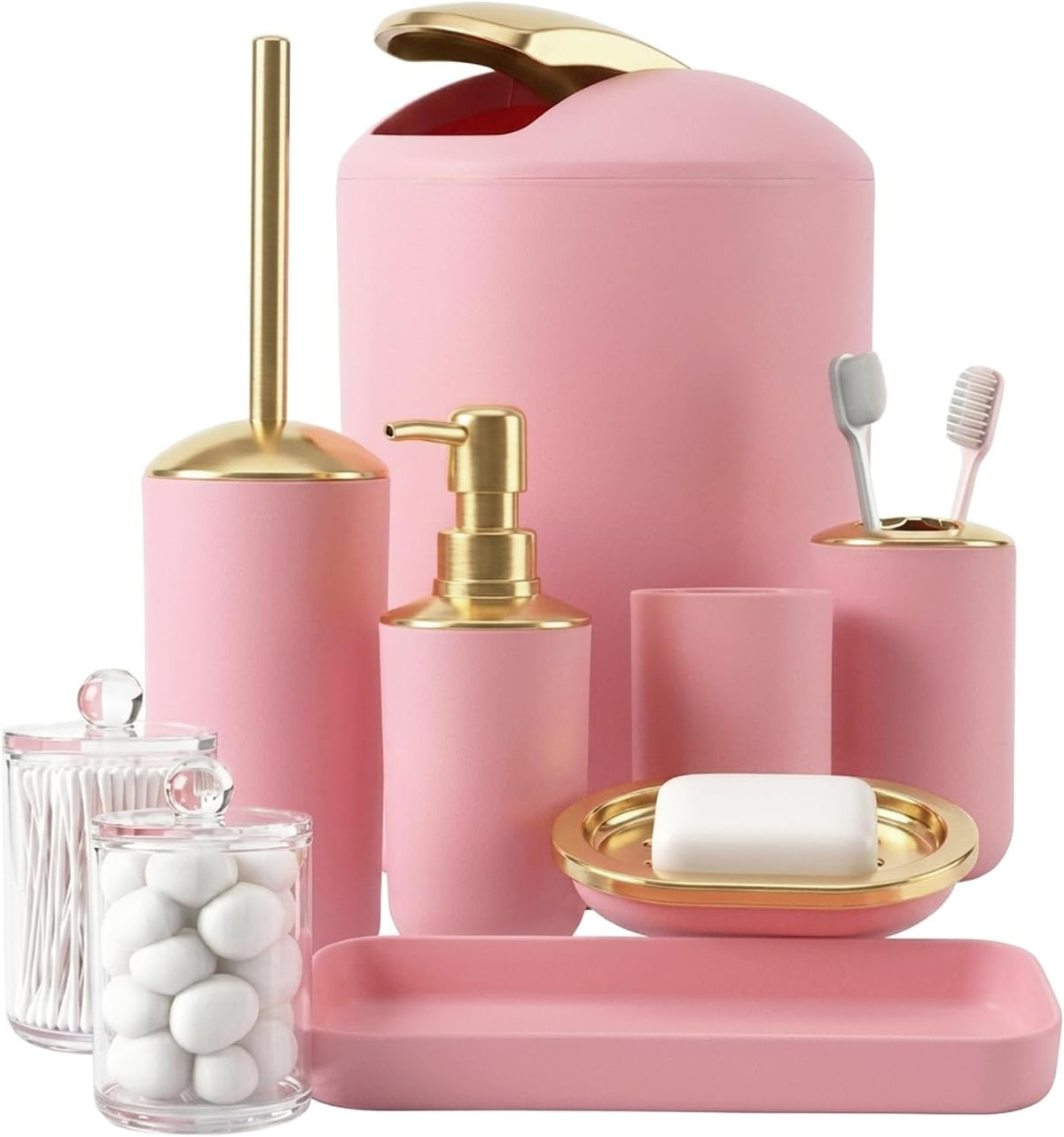 Pink Bathroom Accessories Set, Luxurious Complete 9-Piece Bath Decor Set with Trash Can, Toilet Brush, Soap Dispenser, Toothbrush Holder, Qtip Jars, Vanity Tray, Soap Dish and Tumbler Cup