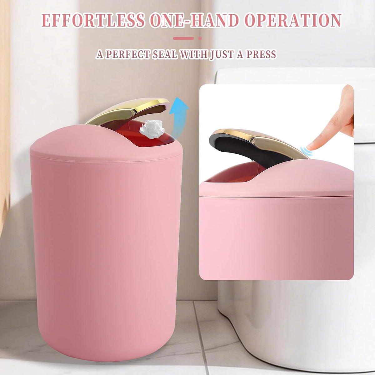 Pink Bathroom Accessories Set, Luxurious Complete 9-Piece Bath Decor Set with Trash Can, Toilet Brush, Soap Dispenser, Toothbrush Holder, Qtip Jars, Vanity Tray, Soap Dish and Tumbler Cup