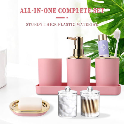 Pink Bathroom Accessories Set, Luxurious Complete 9-Piece Bath Decor Set with Trash Can, Toilet Brush, Soap Dispenser, Toothbrush Holder, Qtip Jars, Vanity Tray, Soap Dish and Tumbler Cup