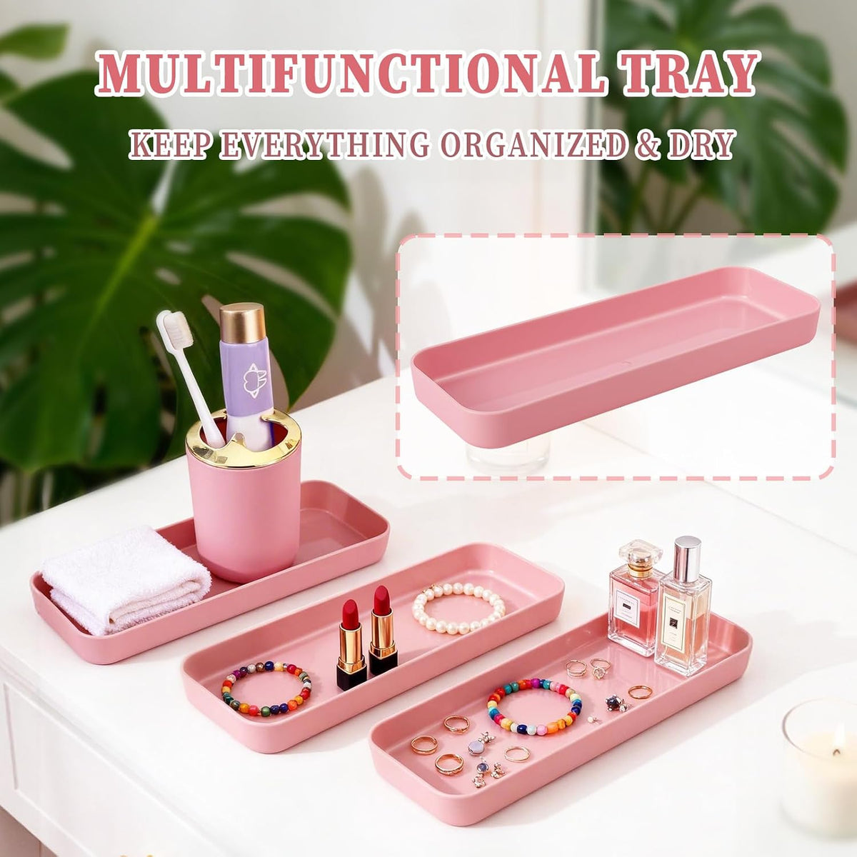 Pink Bathroom Accessories Set, Luxurious Complete 9-Piece Bath Decor Set with Trash Can, Toilet Brush, Soap Dispenser, Toothbrush Holder, Qtip Jars, Vanity Tray, Soap Dish and Tumbler Cup
