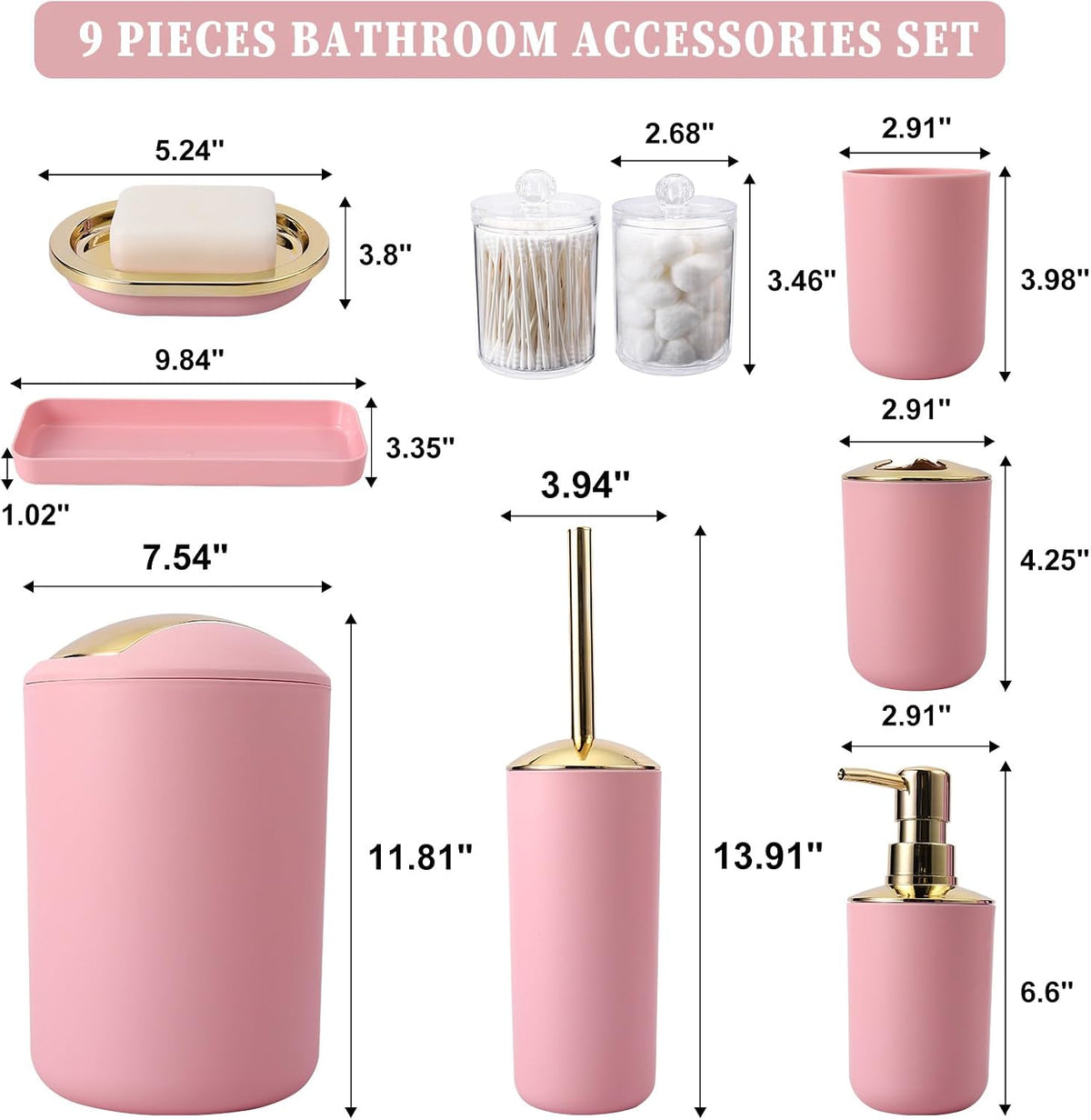 Pink Bathroom Accessories Set, Luxurious Complete 9-Piece Bath Decor Set with Trash Can, Toilet Brush, Soap Dispenser, Toothbrush Holder, Qtip Jars, Vanity Tray, Soap Dish and Tumbler Cup