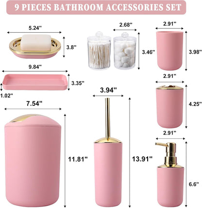 Pink Bathroom Accessories Set, Luxurious Complete 9-Piece Bath Decor Set with Trash Can, Toilet Brush, Soap Dispenser, Toothbrush Holder, Qtip Jars, Vanity Tray, Soap Dish and Tumbler Cup