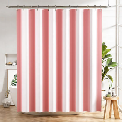 Pink Vertical Stripes Shower Curtain, Cute Pink Stripe Bathroom Shower Curtain with 12 Shower Curtain Hooks, Rustic Fabric Pink and White, 72x72 Inches