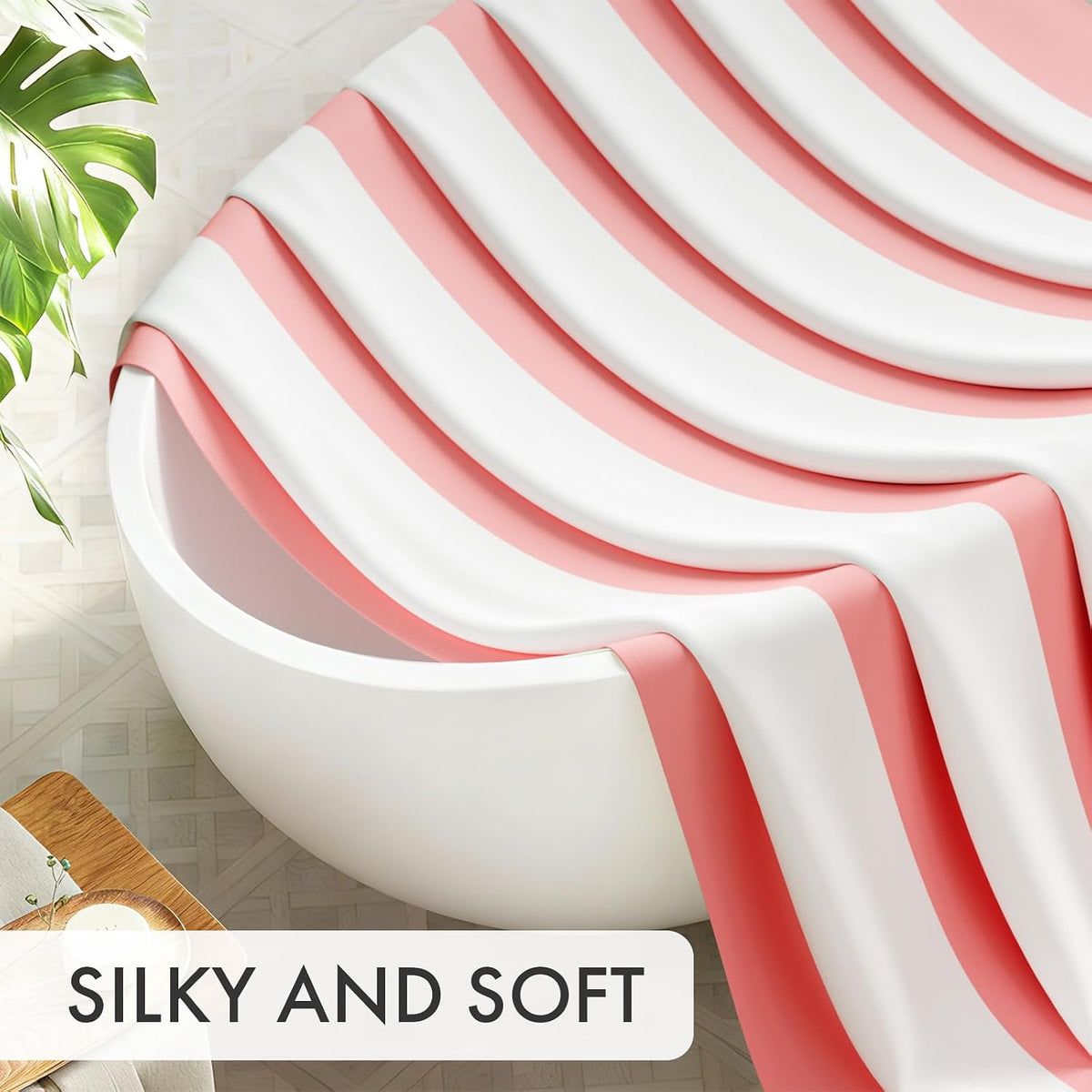 Pink Vertical Stripes Shower Curtain, Cute Pink Stripe Bathroom Shower Curtain with 12 Shower Curtain Hooks, Rustic Fabric Pink and White, 72x72 Inches