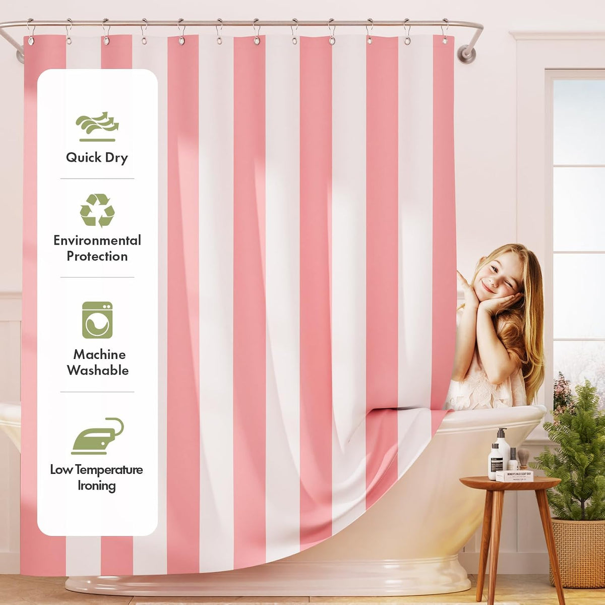 Pink Vertical Stripes Shower Curtain, Cute Pink Stripe Bathroom Shower Curtain with 12 Shower Curtain Hooks, Rustic Fabric Pink and White, 72x72 Inches