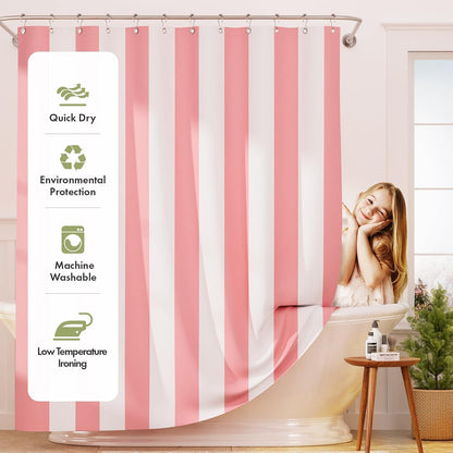 Pink Vertical Stripes Shower Curtain, Cute Pink Stripe Bathroom Shower Curtain with 12 Shower Curtain Hooks, Rustic Fabric Pink and White, 72x72 Inches