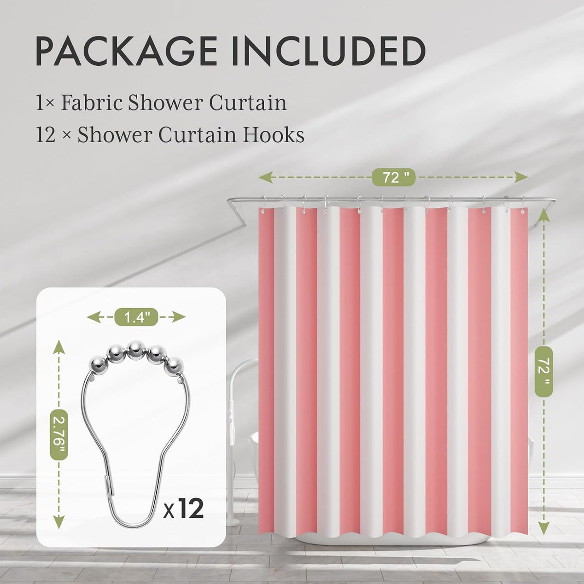 Pink Vertical Stripes Shower Curtain, Cute Pink Stripe Bathroom Shower Curtain with 12 Shower Curtain Hooks, Rustic Fabric Pink and White, 72x72 Inches