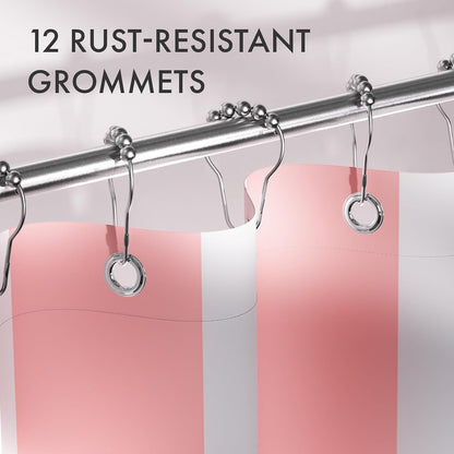 Pink Vertical Stripes Shower Curtain, Cute Pink Stripe Bathroom Shower Curtain with 12 Shower Curtain Hooks, Rustic Fabric Pink and White, 72x72 Inches