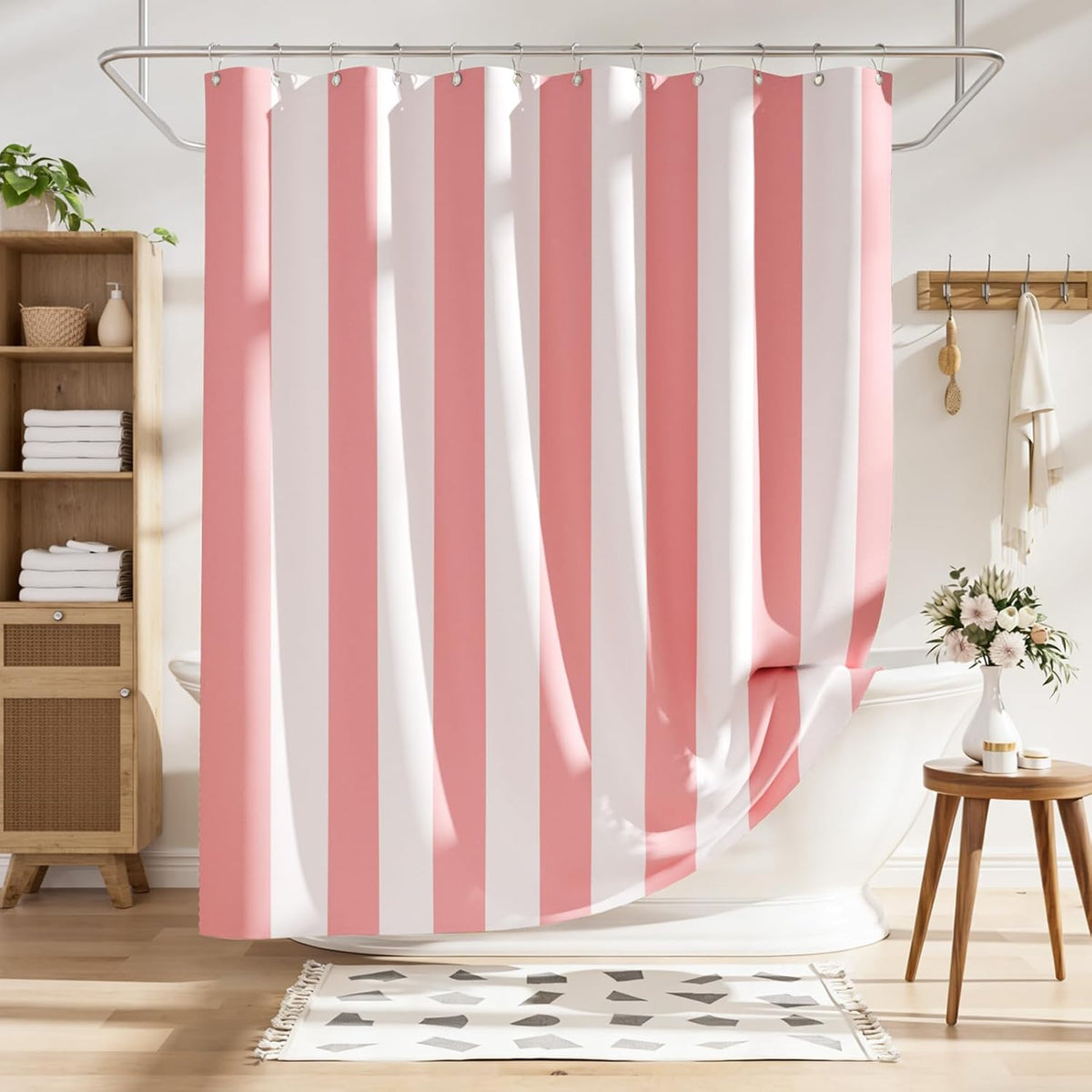 Pink Vertical Stripes Shower Curtain, Cute Pink Stripe Bathroom Shower Curtain with 12 Shower Curtain Hooks, Rustic Fabric Pink and White, 72x72 Inches