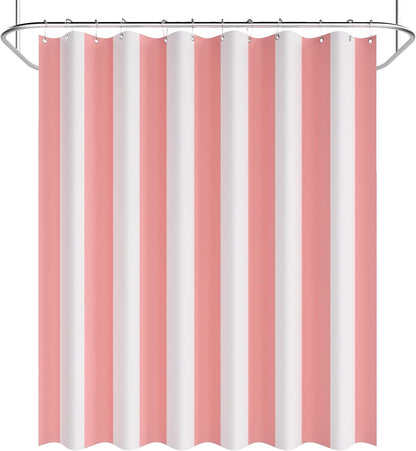 Pink Vertical Stripes Shower Curtain, Cute Pink Stripe Bathroom Shower Curtain with 12 Shower Curtain Hooks, Rustic Fabric Pink and White, 72x72 Inches