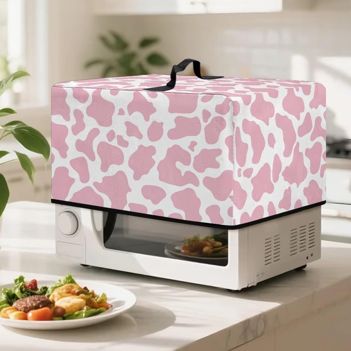 Cow Print Pink White Microwave Oven Dust Cover Non-Slip Microwave Oven Dust Cover Case Splash Proof Heat-Resistant Machine Protector with Top Handle, S