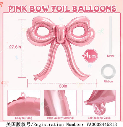 4 Pcs Pink Bow Balloons Bow Party Decorations for Girl Women Pink Bow Birthday Decorations Giant Foil Balloon for Baby Shower Bridal Engagement Wedding Decor Bachelorette Party Supplies