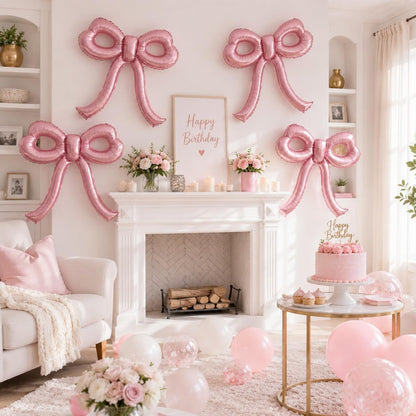 4 Pcs Pink Bow Balloons Bow Party Decorations for Girl Women Pink Bow Birthday Decorations Giant Foil Balloon for Baby Shower Bridal Engagement Wedding Decor Bachelorette Party Supplies