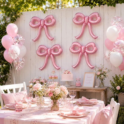 4 Pcs Pink Bow Balloons Bow Party Decorations for Girl Women Pink Bow Birthday Decorations Giant Foil Balloon for Baby Shower Bridal Engagement Wedding Decor Bachelorette Party Supplies