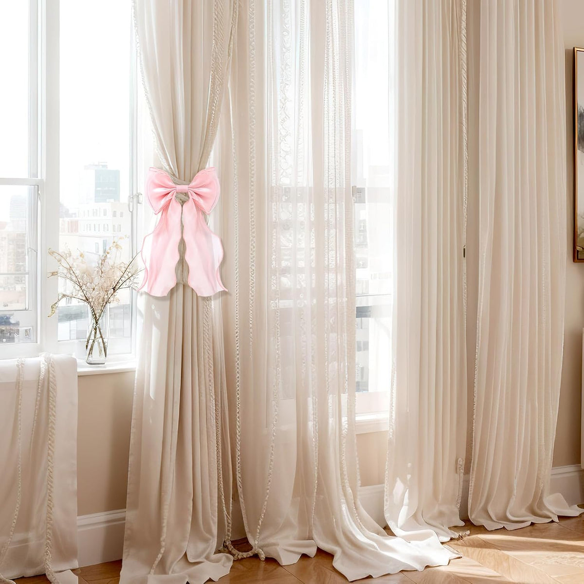 2-Pack Pink Silky Bow Curtain Tiebacks Coquette French Soft