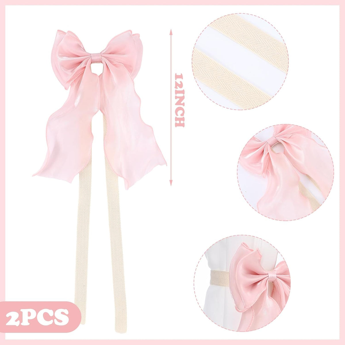 2-Pack Pink Silky Bow Curtain Tiebacks Coquette French Soft