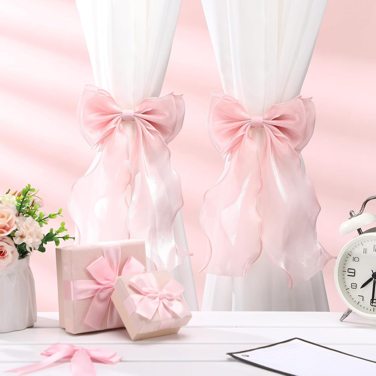 2-Pack Pink Silky Bow Curtain Tiebacks Coquette French Soft